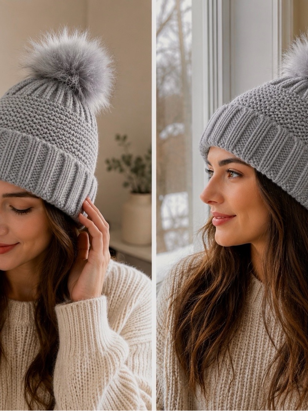 Gray Knit Pom Pom Beanie Cuffed Winter Hat One Size
